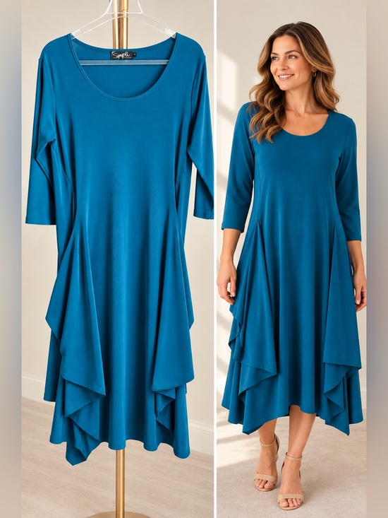 Sympli Dresses & Skirts - Sympli Teal Asymmetrical Drape Midi Dress Size 12 Made in Canada